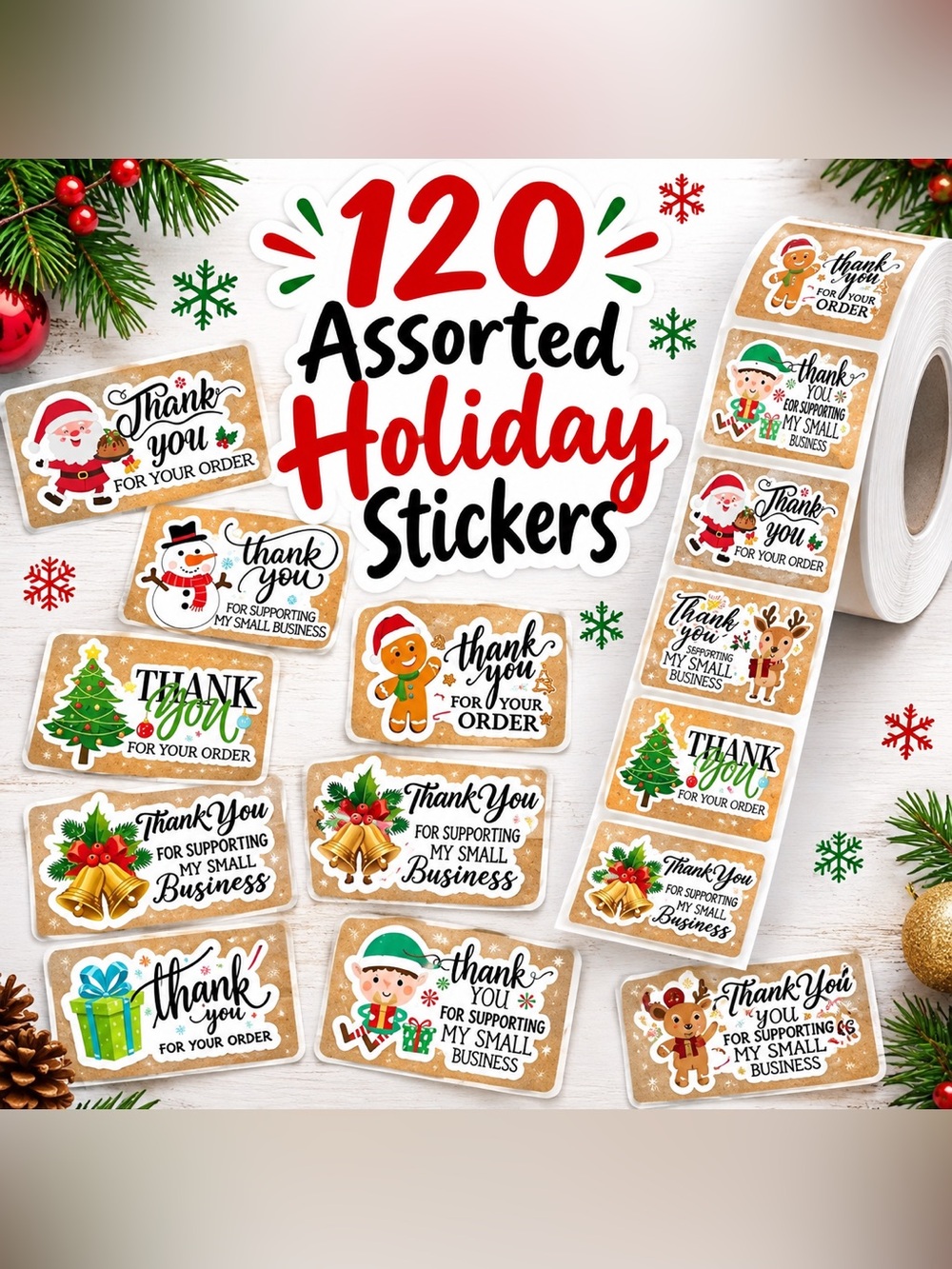 120 Holiday Thank You Sticker Roll - Festive Christmas Designs